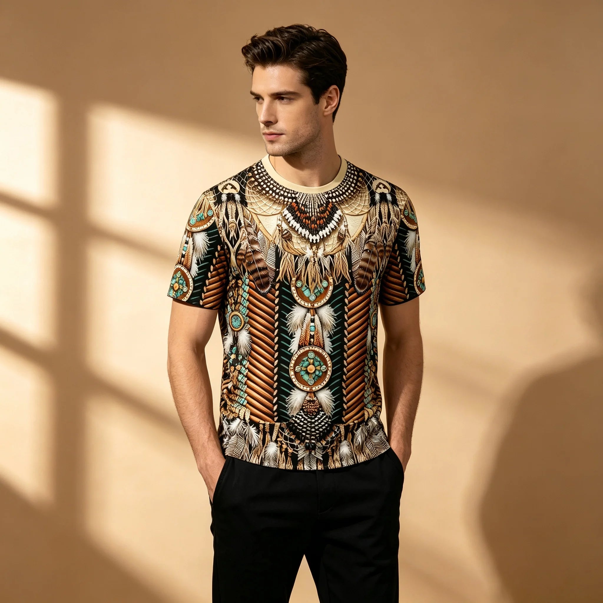 Men North American Indigenous Feather Turquoise T-Shirt
