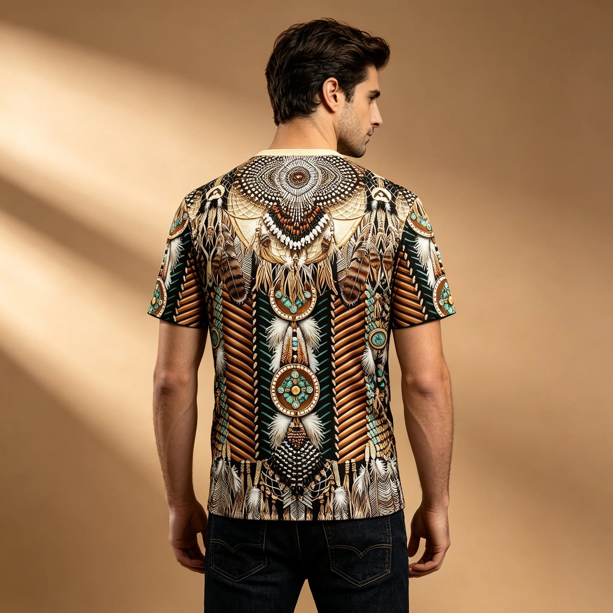 Men North American Indigenous Feather Turquoise T-Shirt