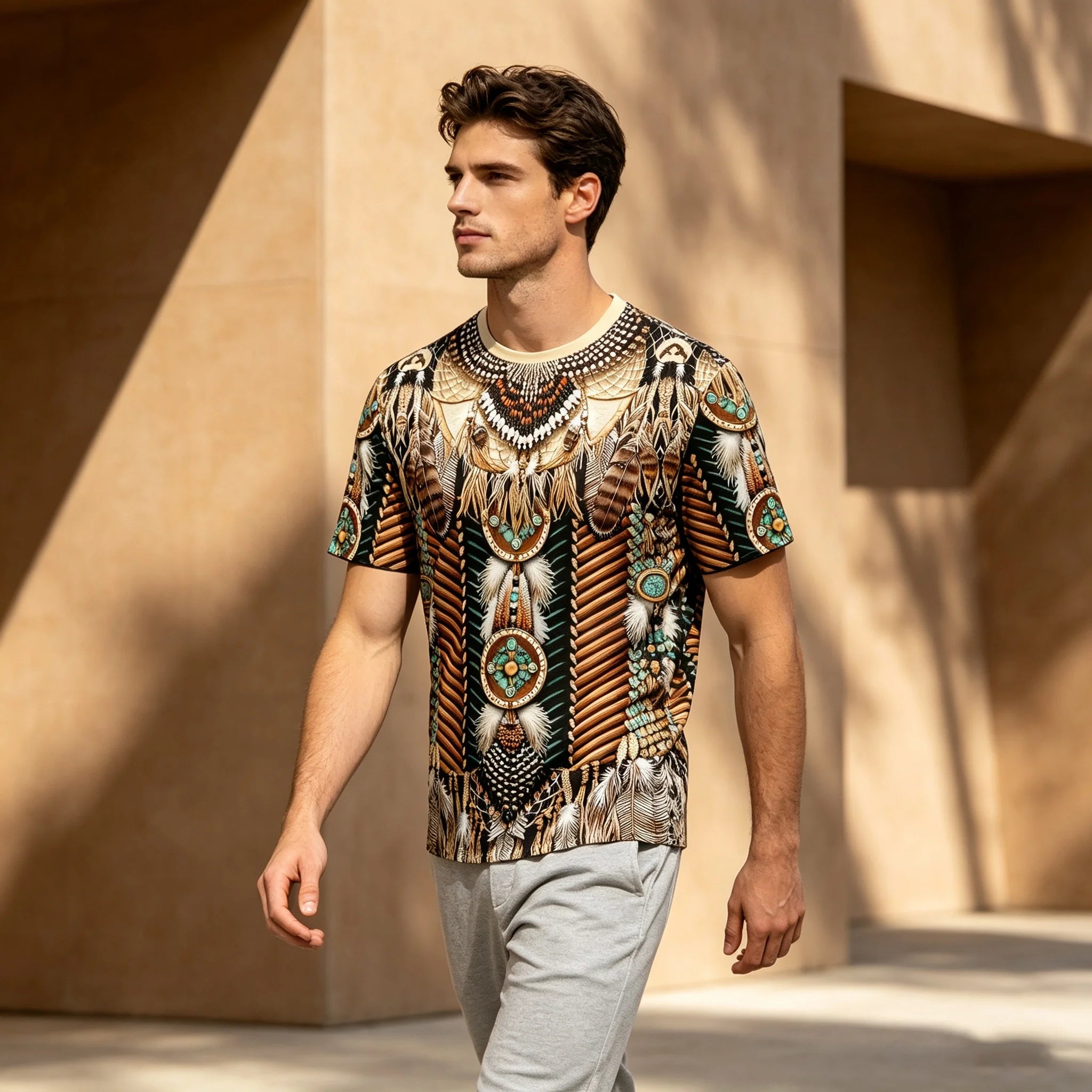 Men North American Indigenous Feather Turquoise T-Shirt