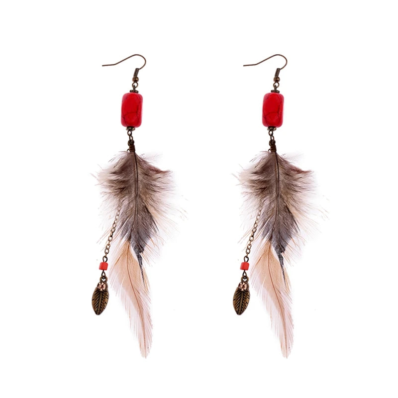 TopHanqi Bohemian Hollow Dream Catcher Leaf Feather Earrings