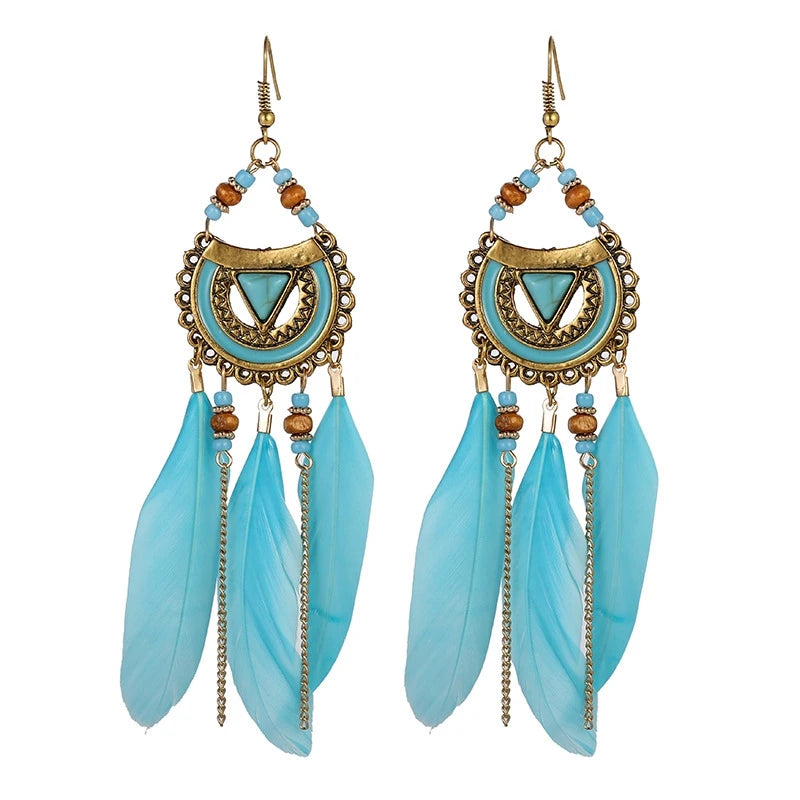White Semicircle Long Feather Tassel Ladies Earrings