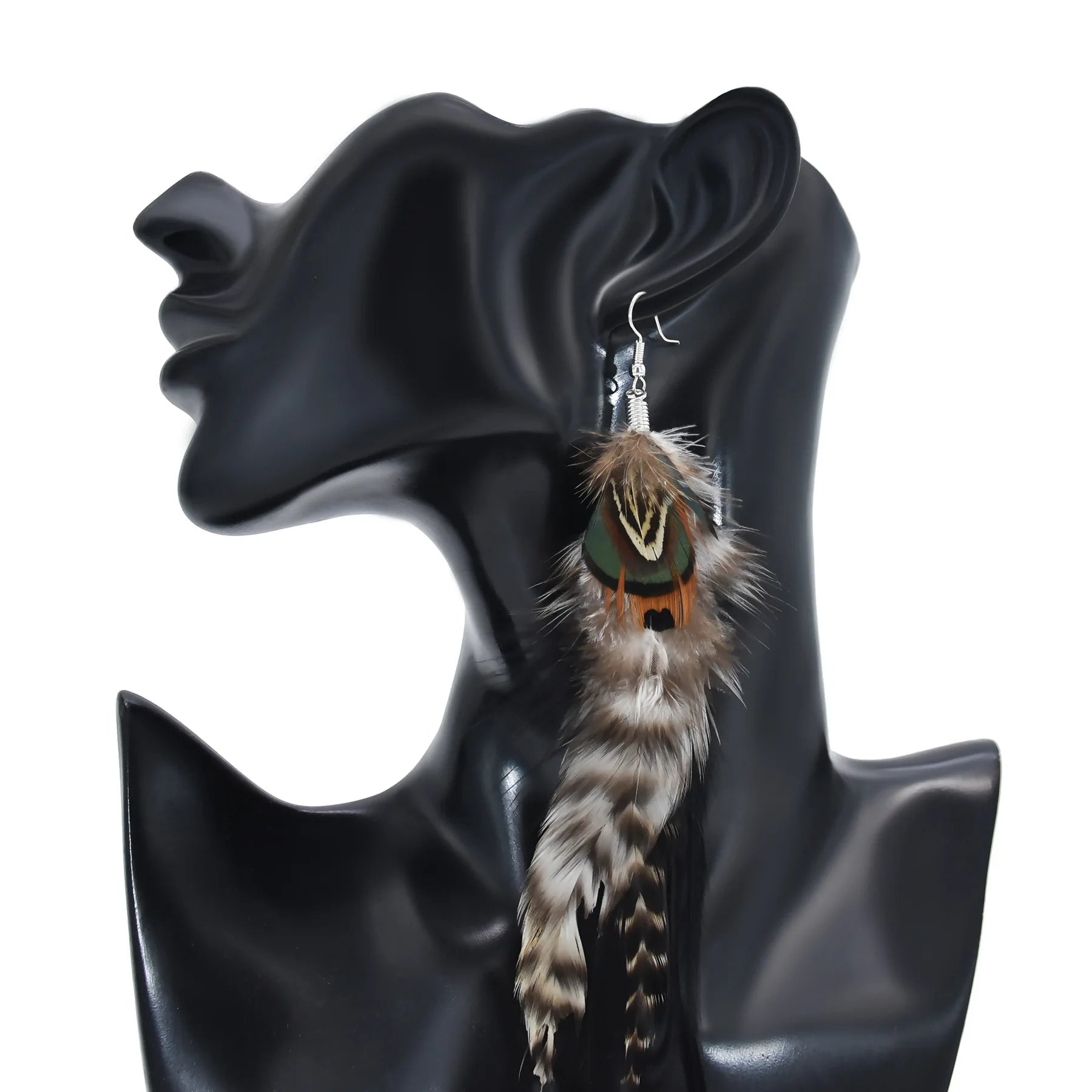 Brown Blue Feather Tassel Earrings