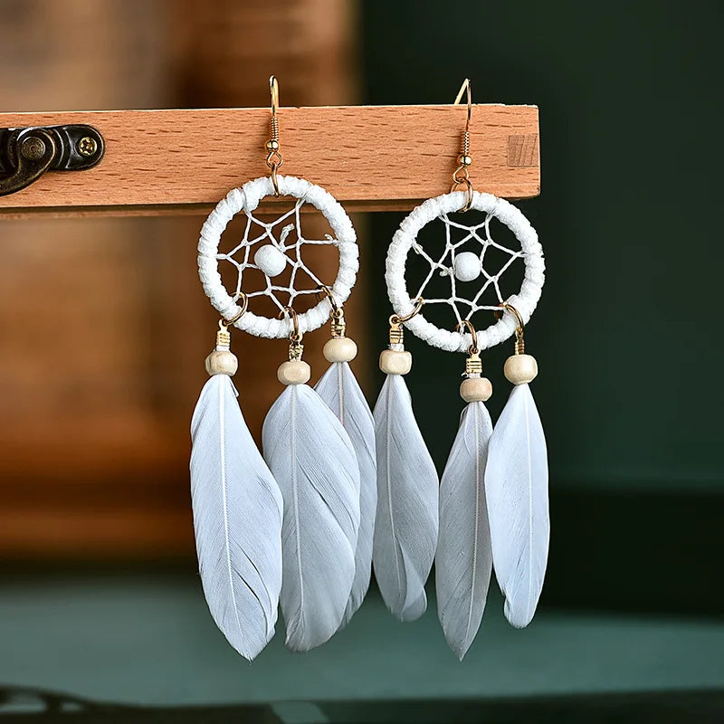 Natural Wood Coffee Feather Tassel Earrings