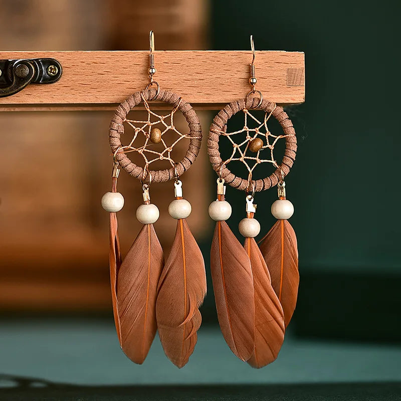 Natural Wood Coffee Feather Tassel Earrings