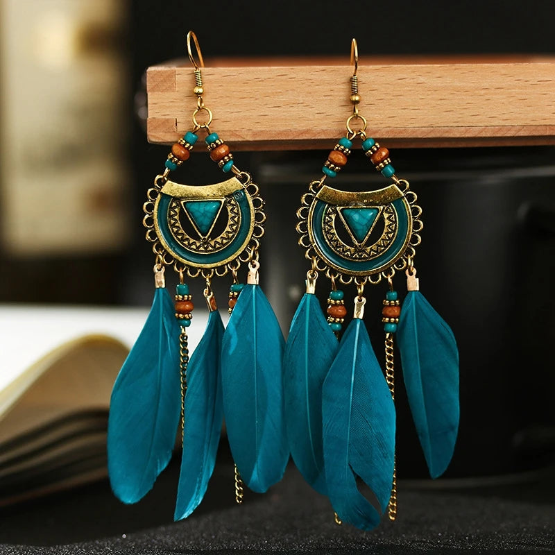 White Semicircle Long Feather Tassel Ladies Earrings