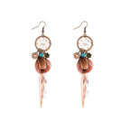 TopHanqi Bohemian Hollow Dream Catcher Leaf Feather Earrings
