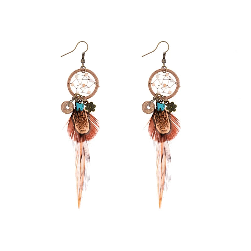 TopHanqi Bohemian Hollow Dream Catcher Leaf Feather Earrings