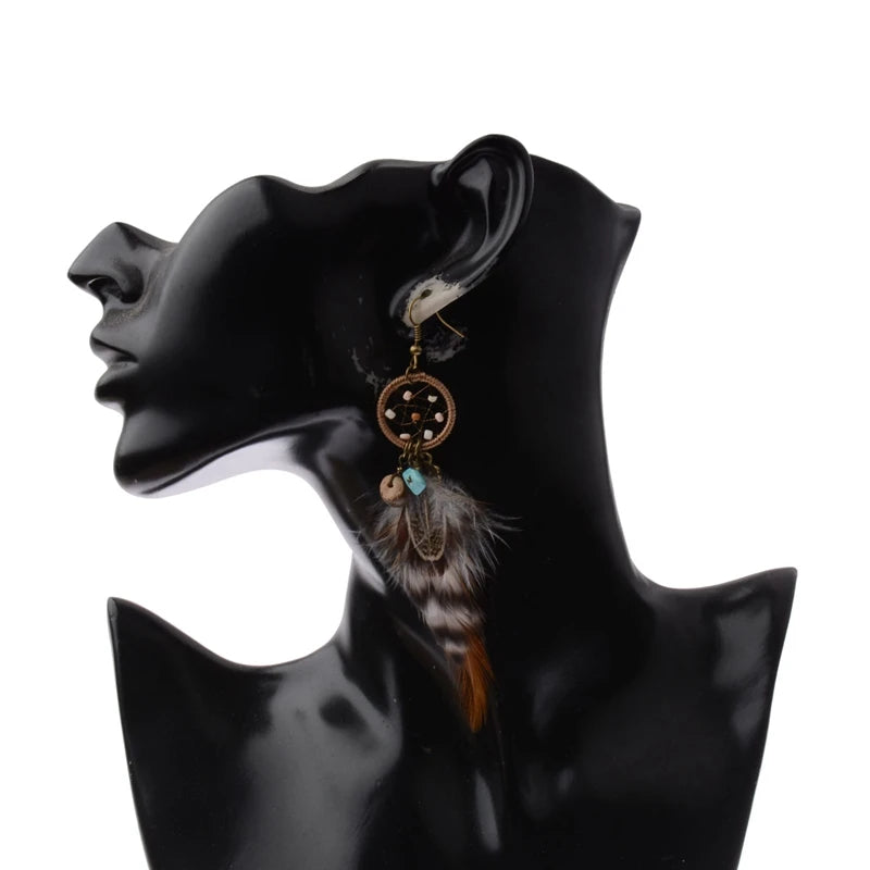 TopHanqi Bohemian Hollow Dream Catcher Leaf Feather Earrings