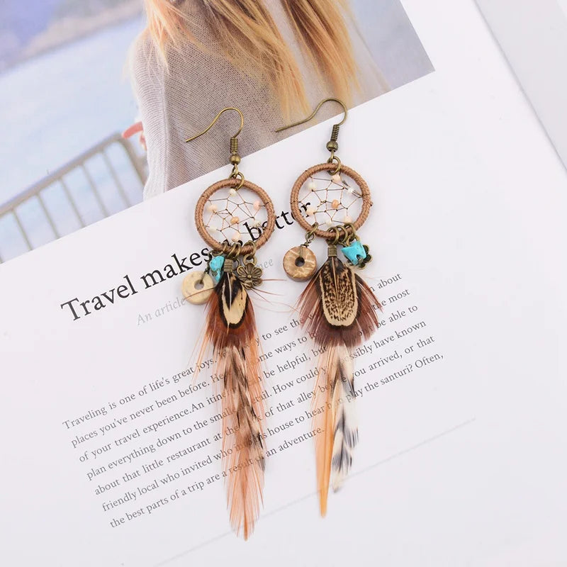TopHanqi Bohemian Hollow Dream Catcher Leaf Feather Earrings