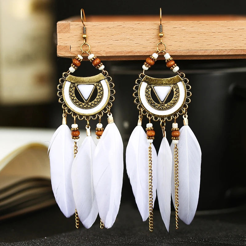 White Semicircle Long Feather Tassel Ladies Earrings