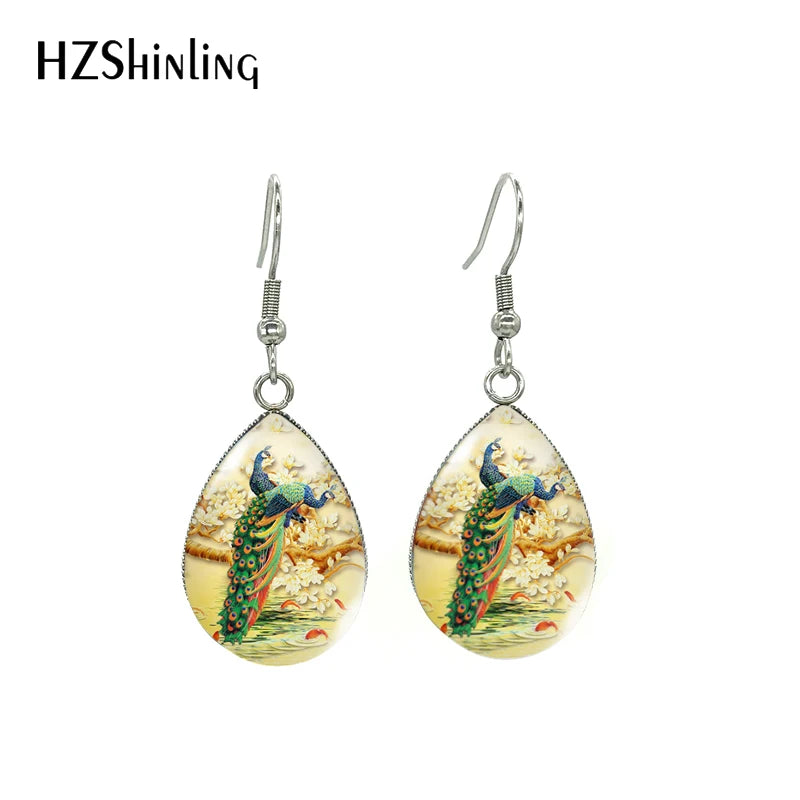 Peacock and Feather Floral  Earrings