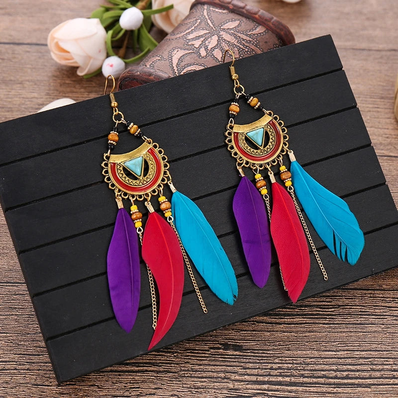 White Semicircle Long Feather Tassel Ladies Earrings