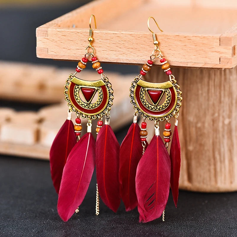 White Semicircle Long Feather Tassel Ladies Earrings