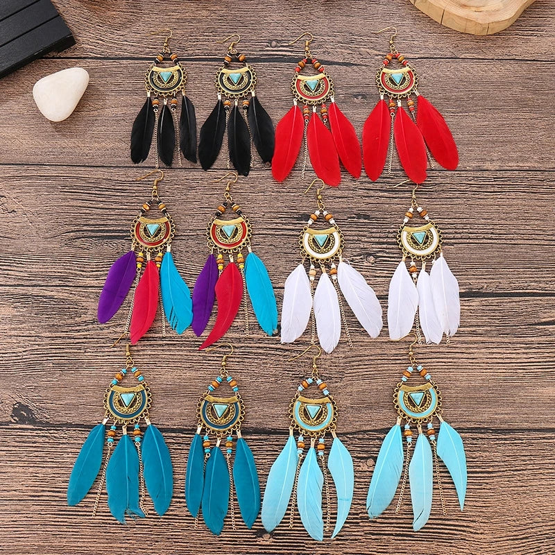 White Semicircle Long Feather Tassel Ladies Earrings