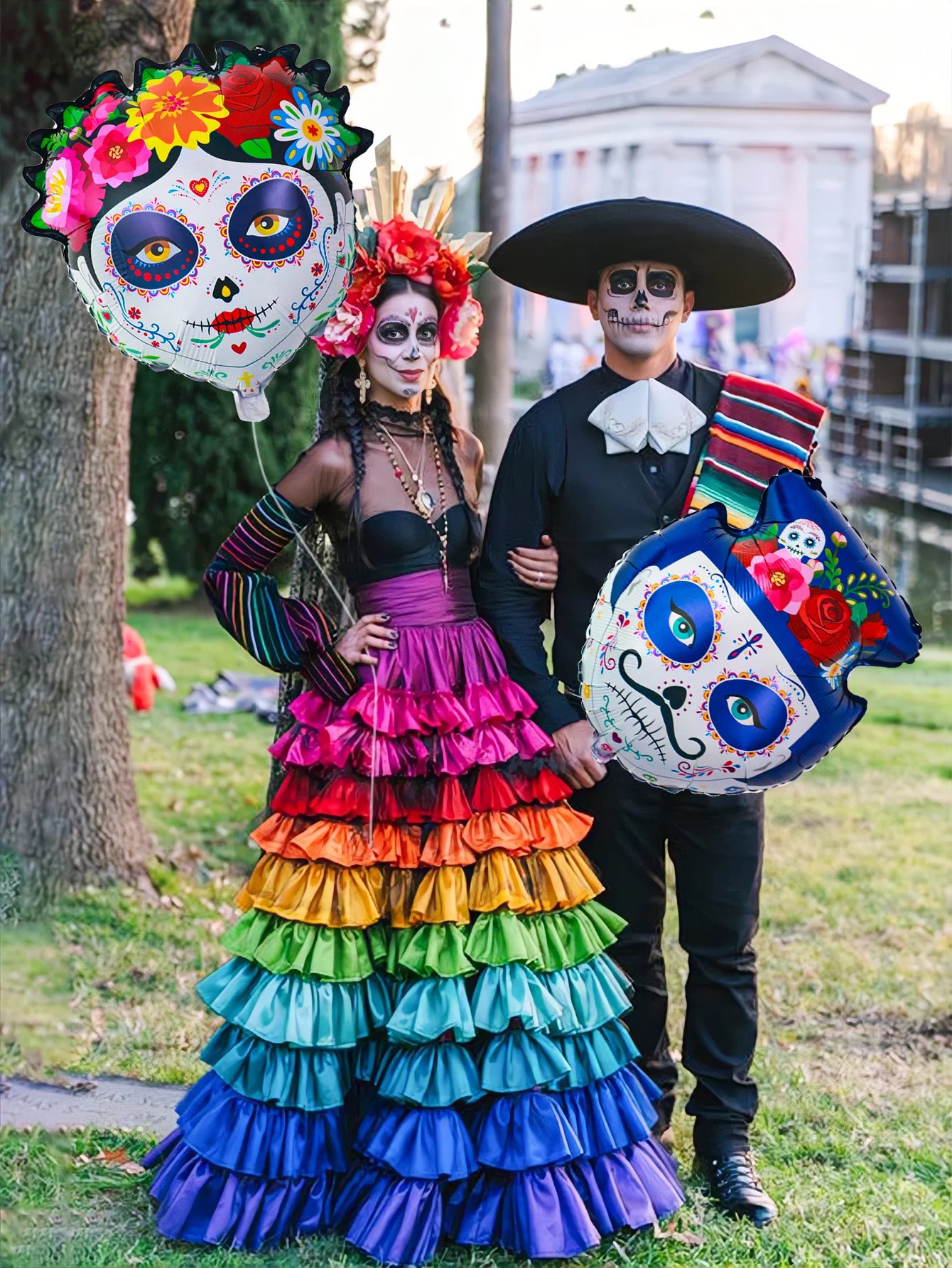 2pcs Bride and Groom Colorful Flower Skull Balloons Day of the Dead Decoration