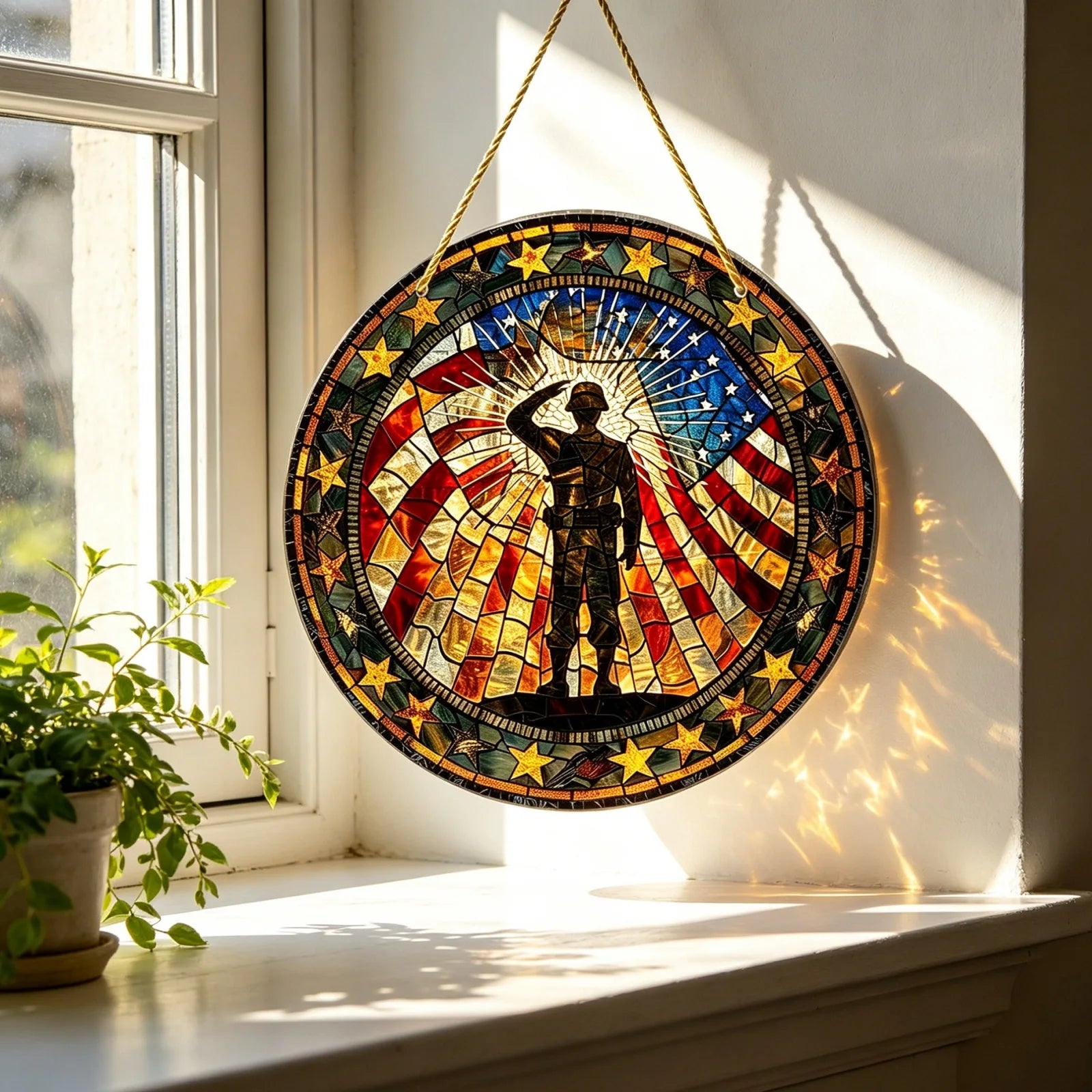 USA Flag Suncatcher Patriotic 2D Flat Soldier