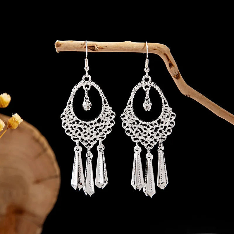 Ethnic Silver Color Long Leaf Dangle Earrings