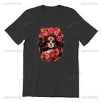 Skull T-Shirt La Catrina Girl with Purple Roses Dia De Los Muertos Day of The Dead