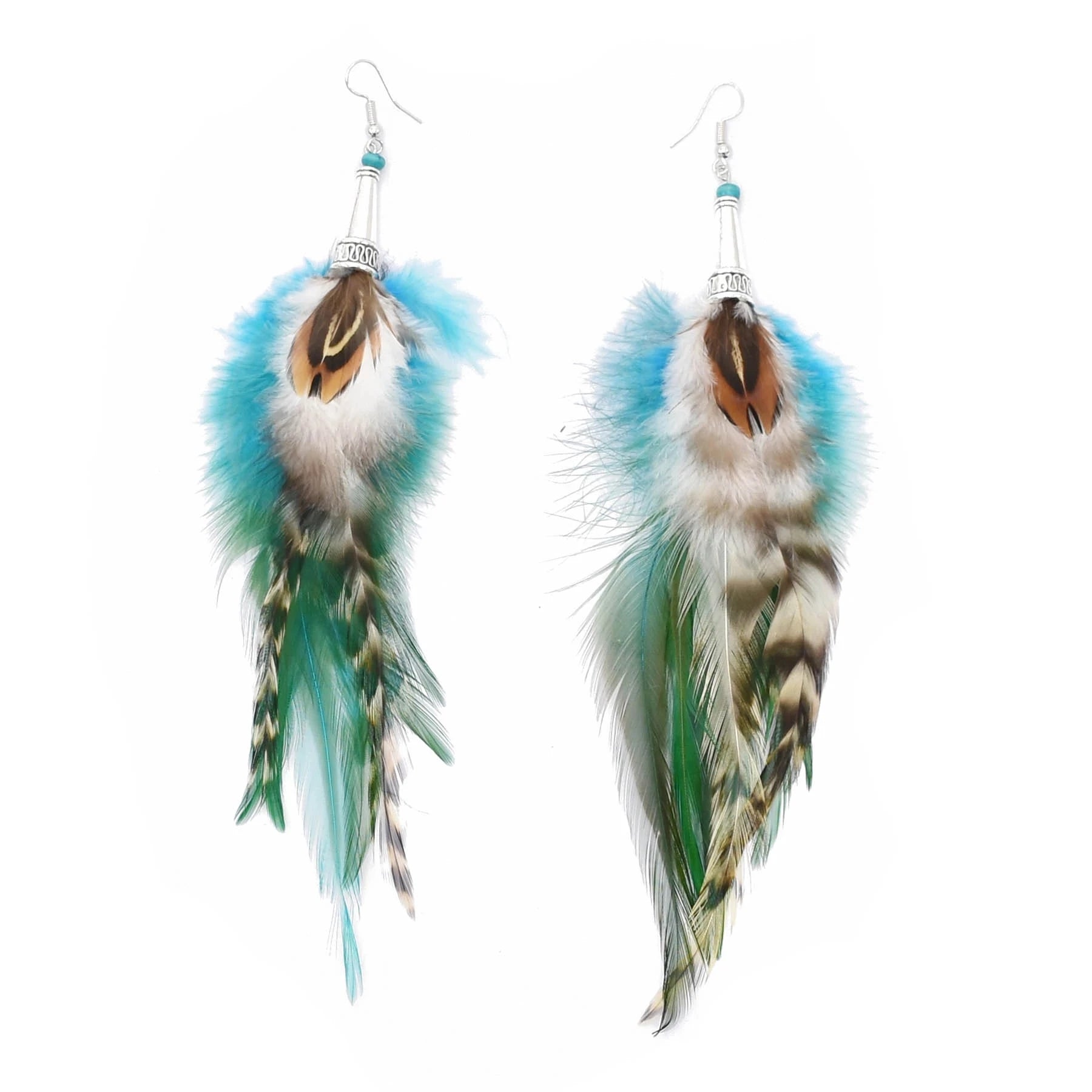 Brown Blue Feather Tassel Earrings