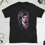 Skull T-Shirt La Catrina Girl with Purple Roses Dia De Los Muertos Day of The Dead