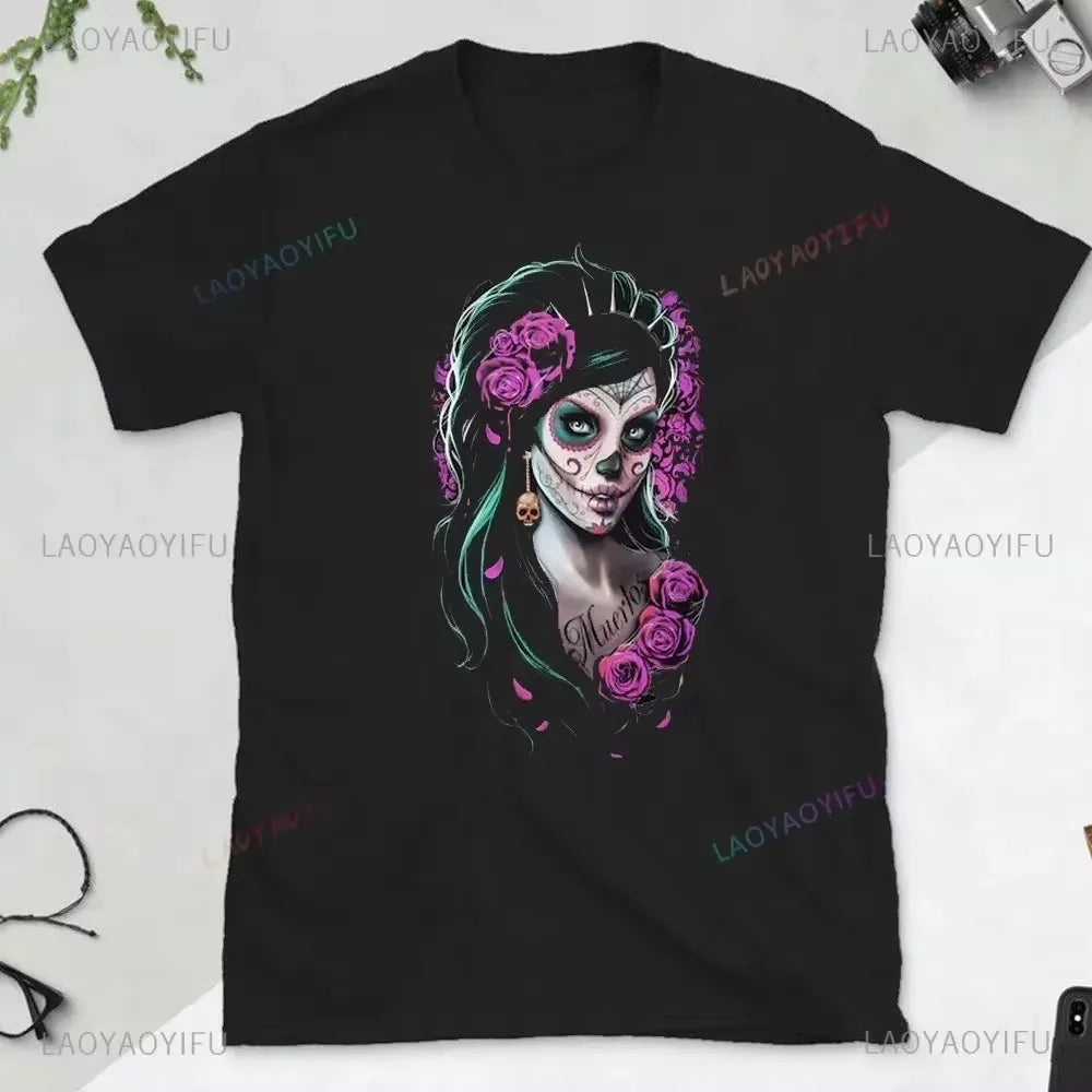 Skull T-Shirt La Catrina Girl with Purple Roses Dia De Los Muertos Day of The Dead