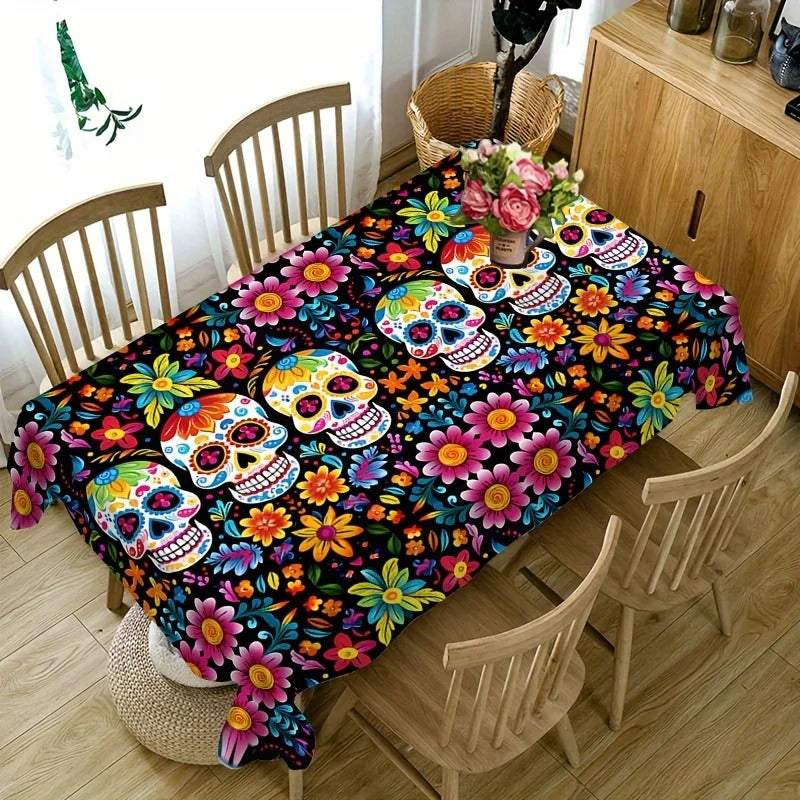 Mexican Day of The Dead Skull Flower Waterproof Tablecloth