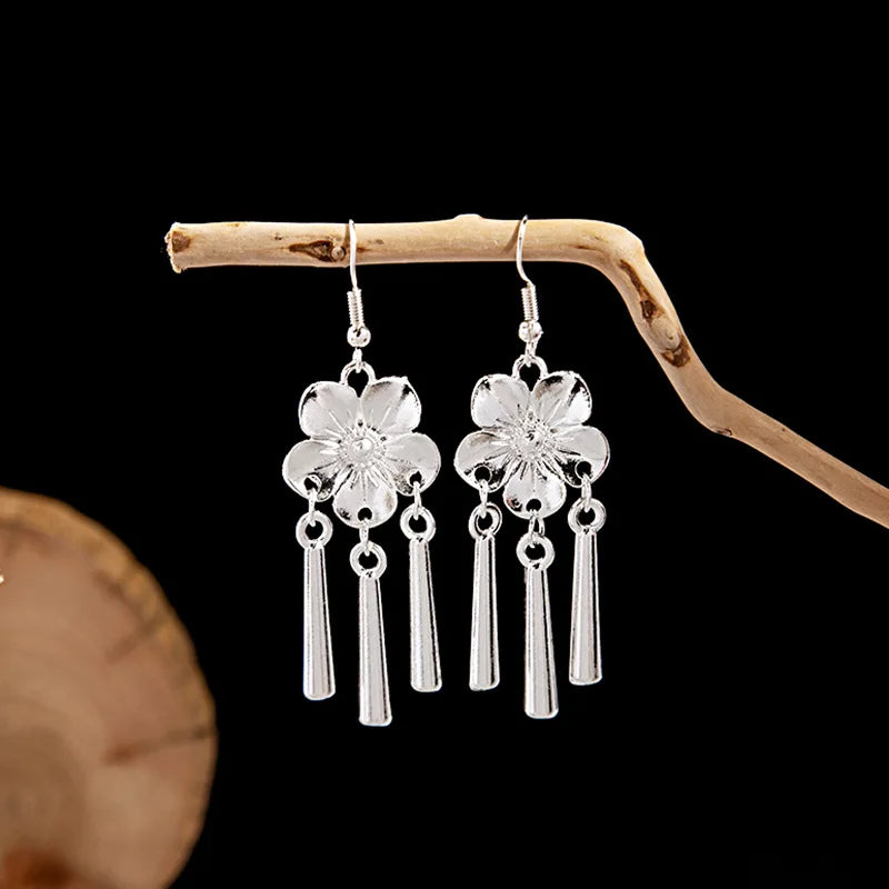 Ethnic Silver Color Long Leaf Dangle Earrings
