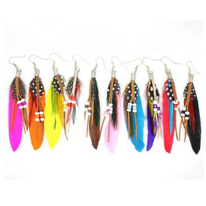 1Pair Tassel Dangling Earrings Colorful Feather Leather