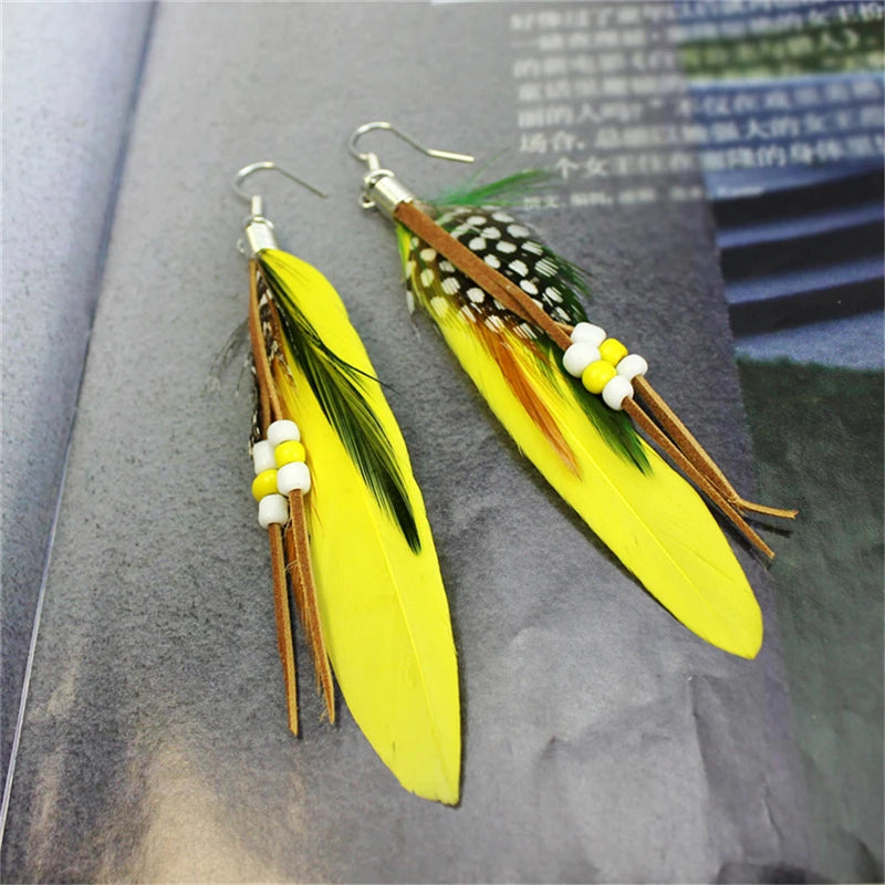 1Pair Tassel Dangling Earrings Colorful Feather Leather