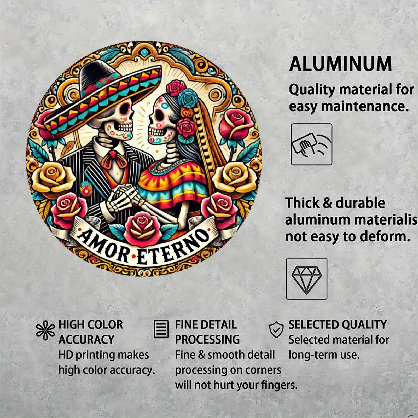 Dia de los Muertos Aluminum Wall Art, Eternal Affection Skeleton Couple Wreath