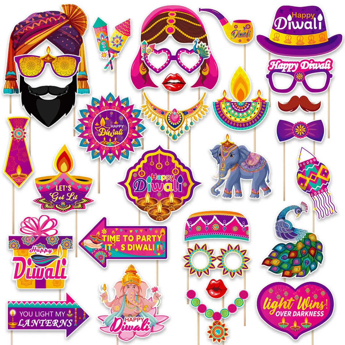 30Pcs/Set Happy Diwali Theme Photo Booth Props