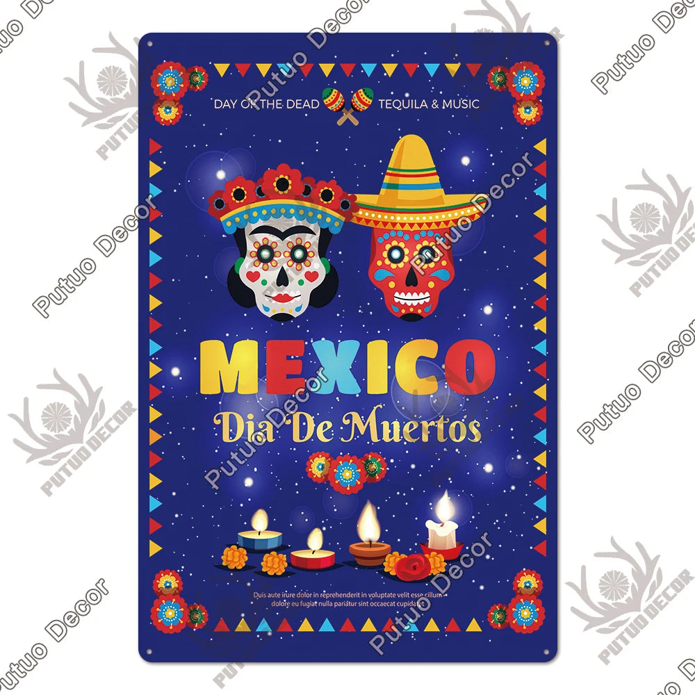 Putuo Decor Day of the Dead Tin Sign Vintage