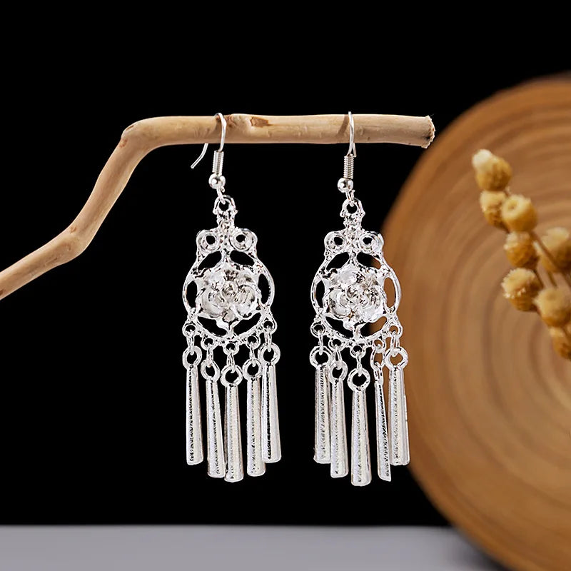 Ethnic Silver Color Long Leaf Dangle Earrings