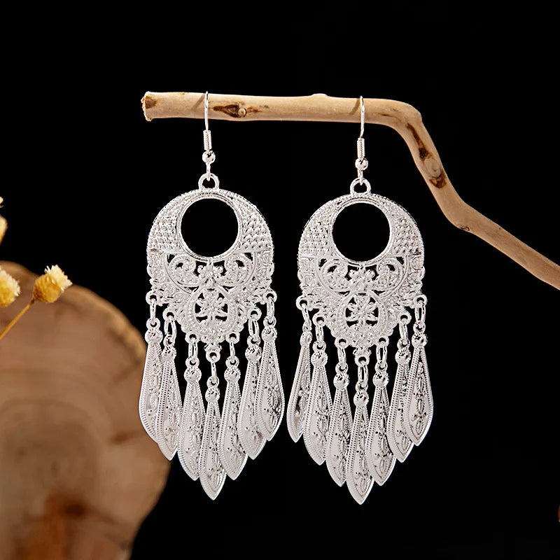 Ethnic Silver Color Long Leaf Dangle Earrings