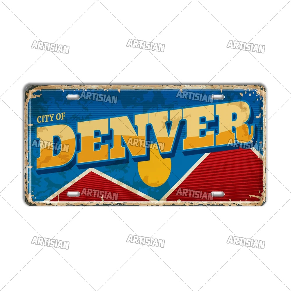 USA License Plate Landmark Metal Sign