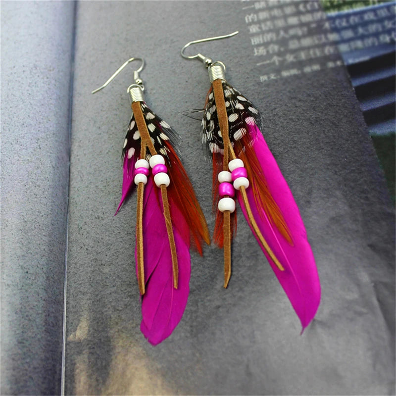 1Pair Tassel Dangling Earrings Colorful Feather Leather