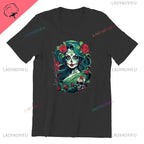 Skull T-Shirt La Catrina Girl with Purple Roses Dia De Los Muertos Day of The Dead