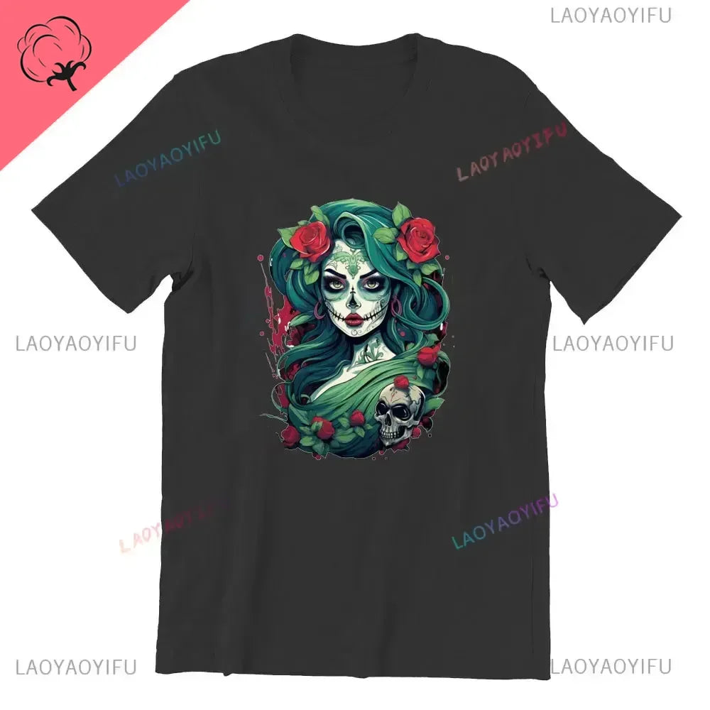 Skull T-Shirt La Catrina Girl with Purple Roses Dia De Los Muertos Day of The Dead