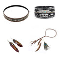 4Piece Jewelry: Woven Choker, Braided Bracelet, Feather Hairpin, Tassel Earrings - Tribal Boho