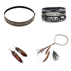 4Piece Jewelry: Woven Choker, Braided Bracelet, Feather Hairpin, Tassel Earrings - Tribal Boho