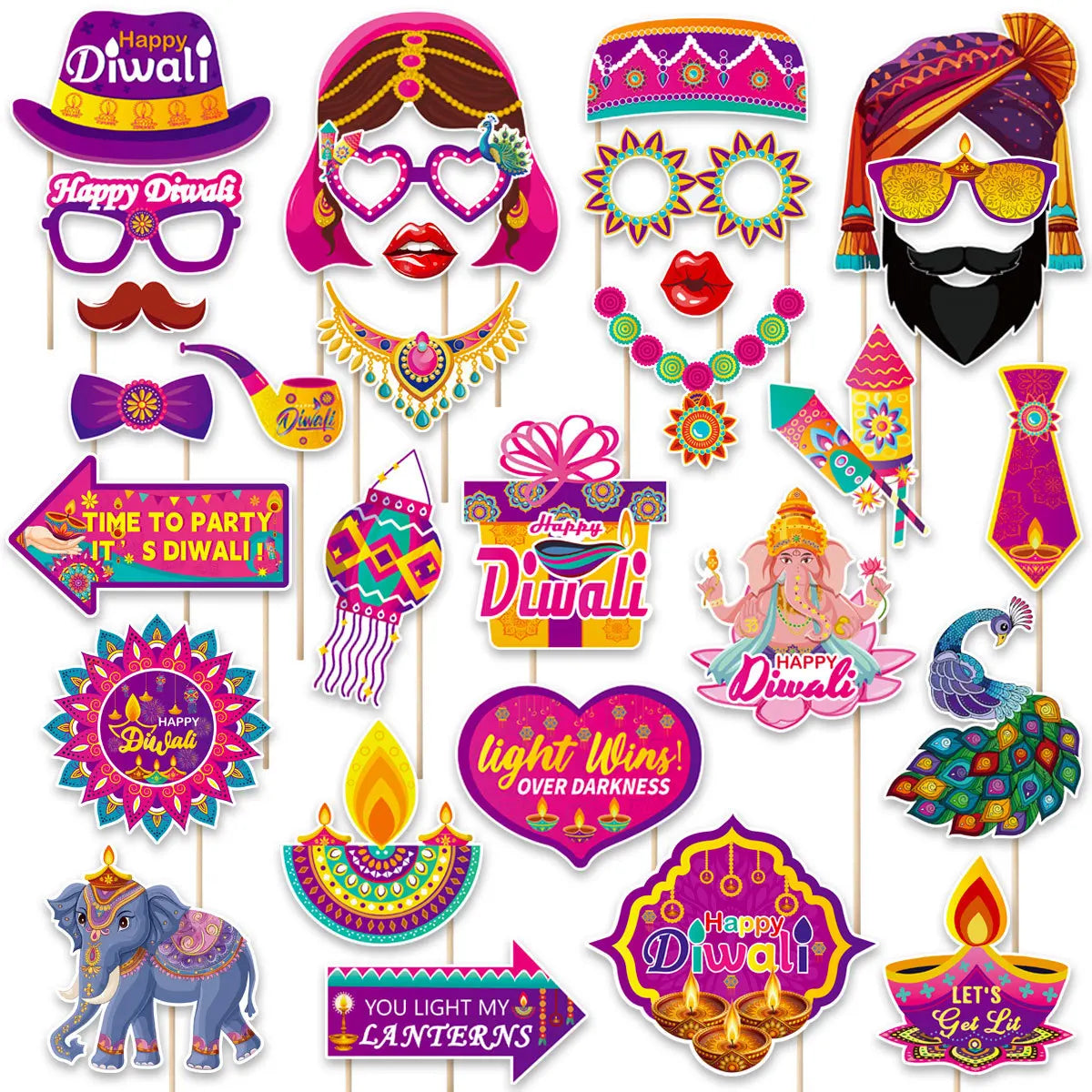 30Pcs/Set Happy Diwali Theme Photo Booth Props