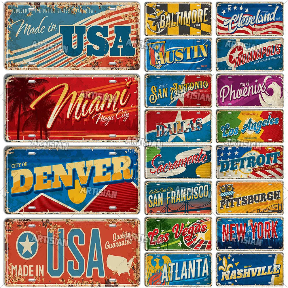 USA License Plate Landmark Metal Sign