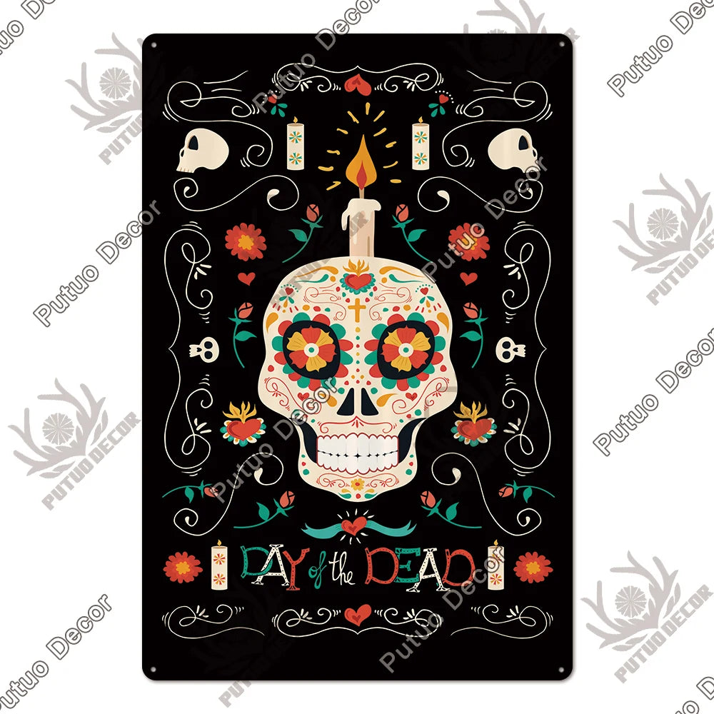 Putuo Decor Day of the Dead Tin Sign Vintage