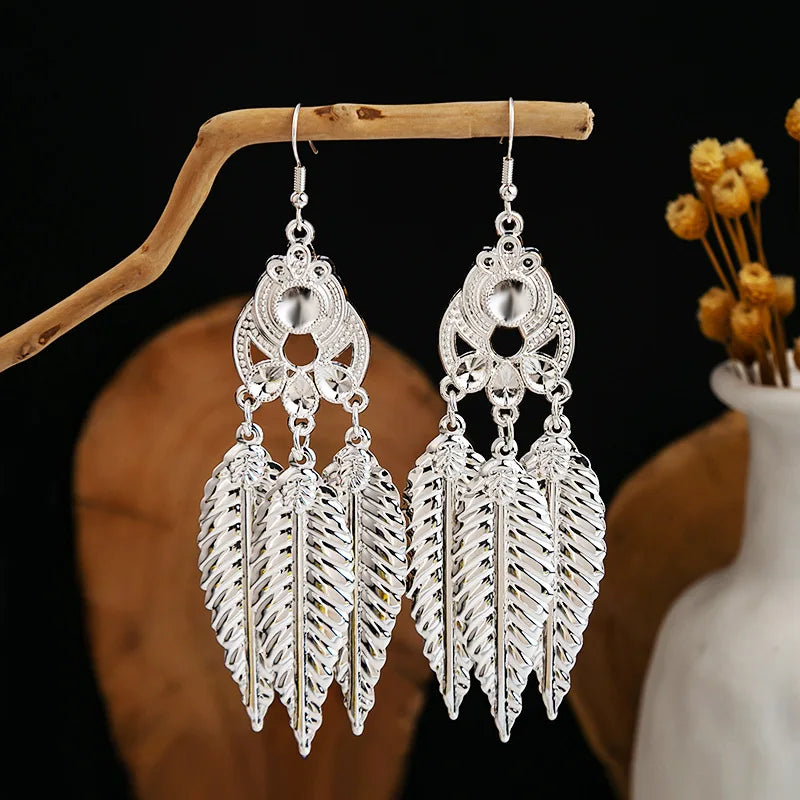 Ethnic Silver Color Long Leaf Dangle Earrings