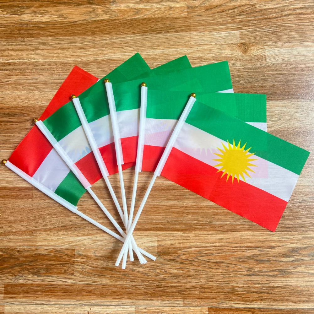 14 × 21 سم علم كردستان اليدوي يرفرف لافتة كردستان الوطنية، عصا بلاستيكية