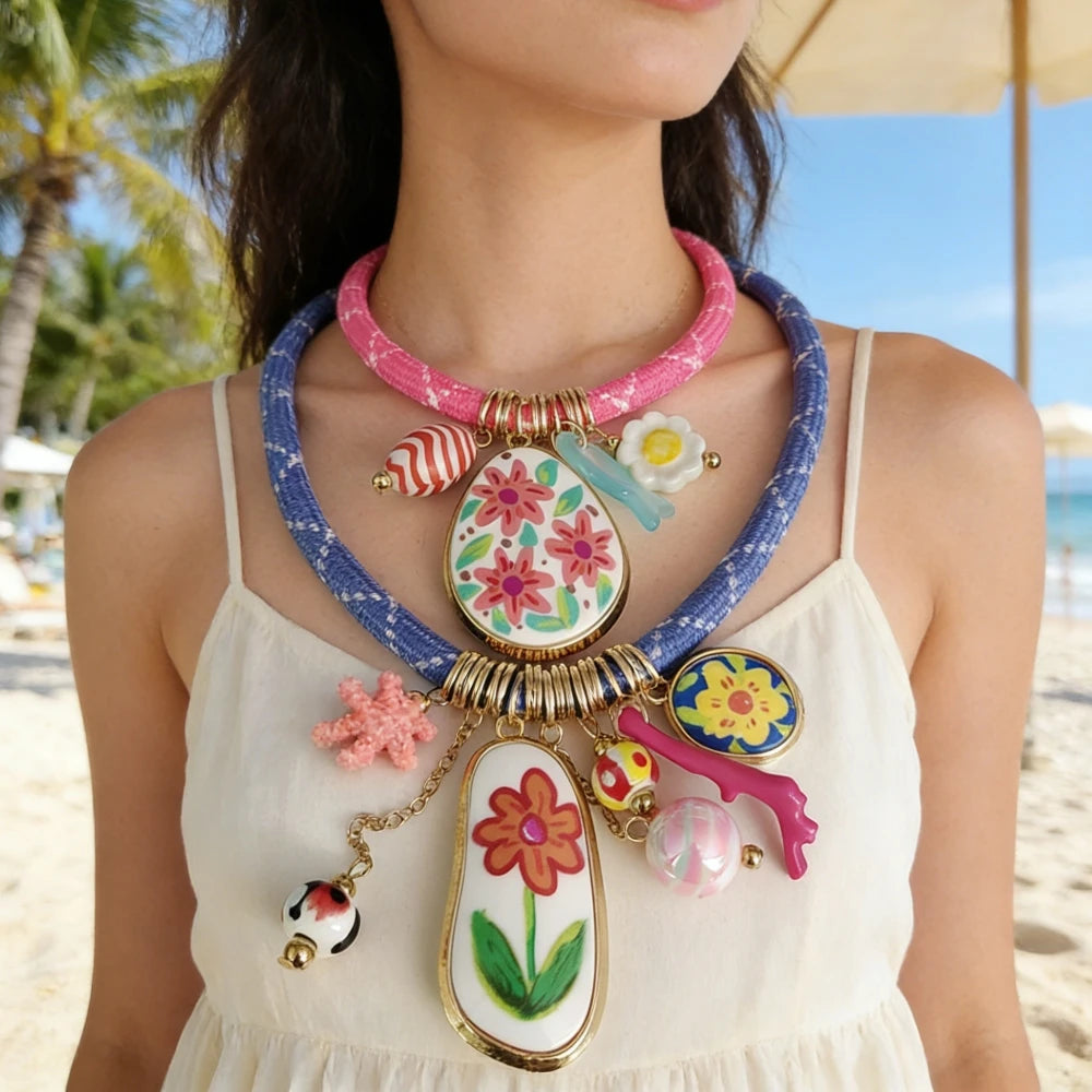 Colorful Dopamine Pink Blue Cord Choker Necklace