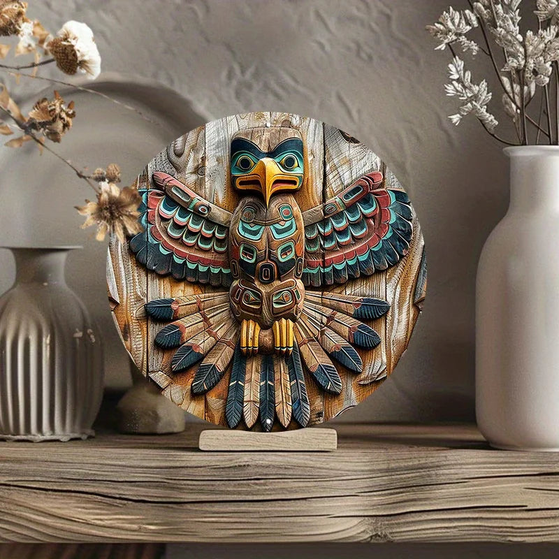 Native American Totem Pole Round Aluminum Wall Art