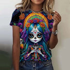 Fashion Women's T-shirt for Girls Short Sleeve Day of the Dead Undead Skull