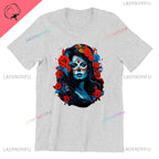 Skull T-Shirt La Catrina Girl with Purple Roses Dia De Los Muertos Day of The Dead