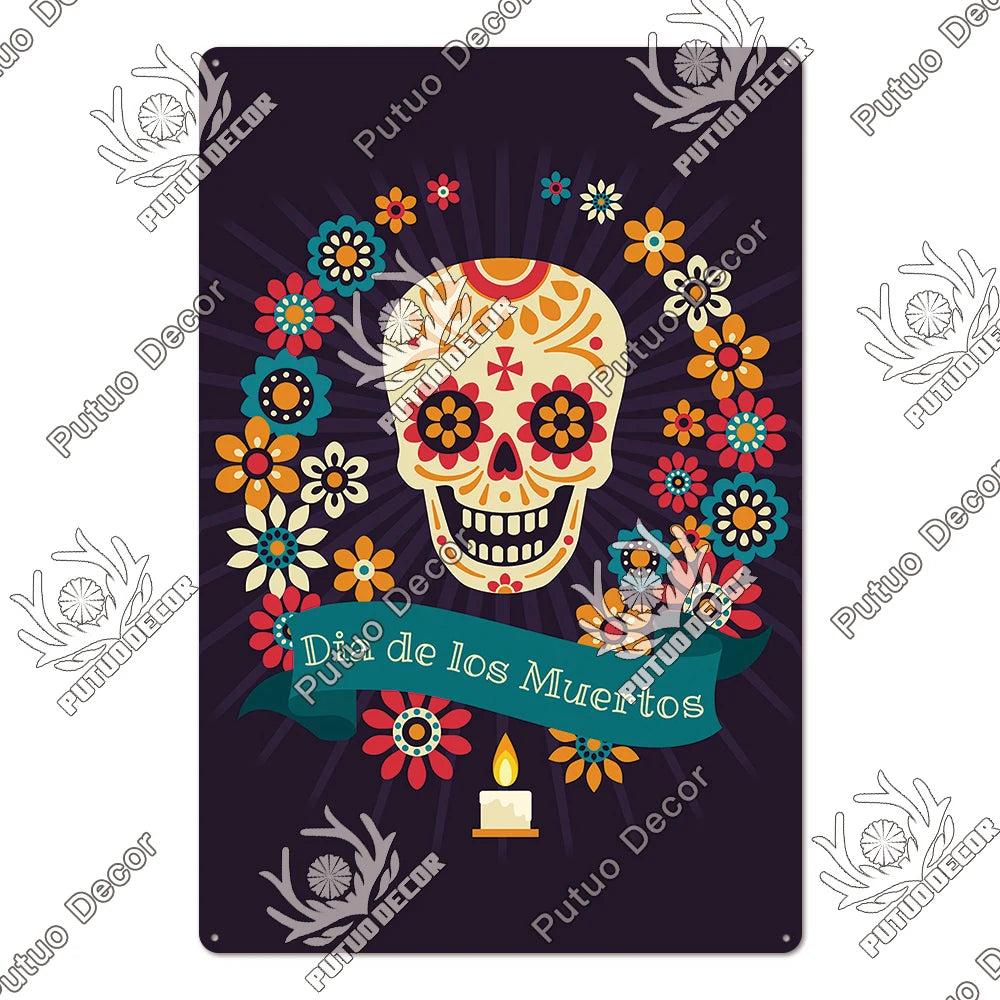 Putuo Decor Day of the Dead Tin Sign Vintage